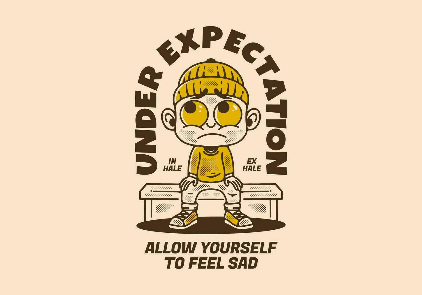 Under expectation, little man character wearing beanie with sad face vector