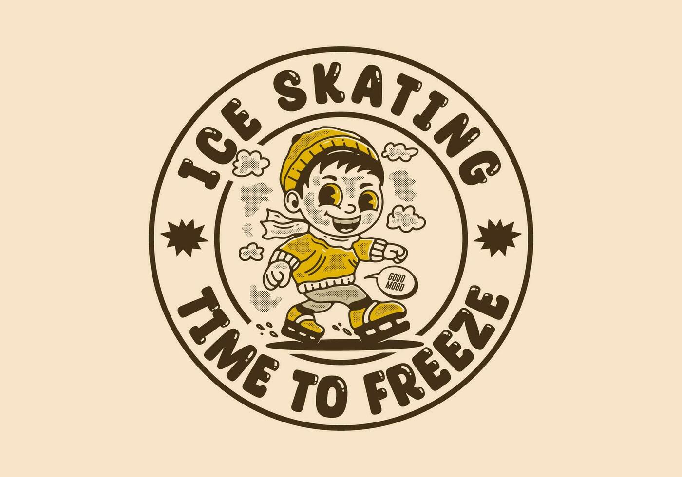 hielo Patinaje hora a congelar, mascota personaje ilustración de un pequeño chico jugando hielo patinar vector