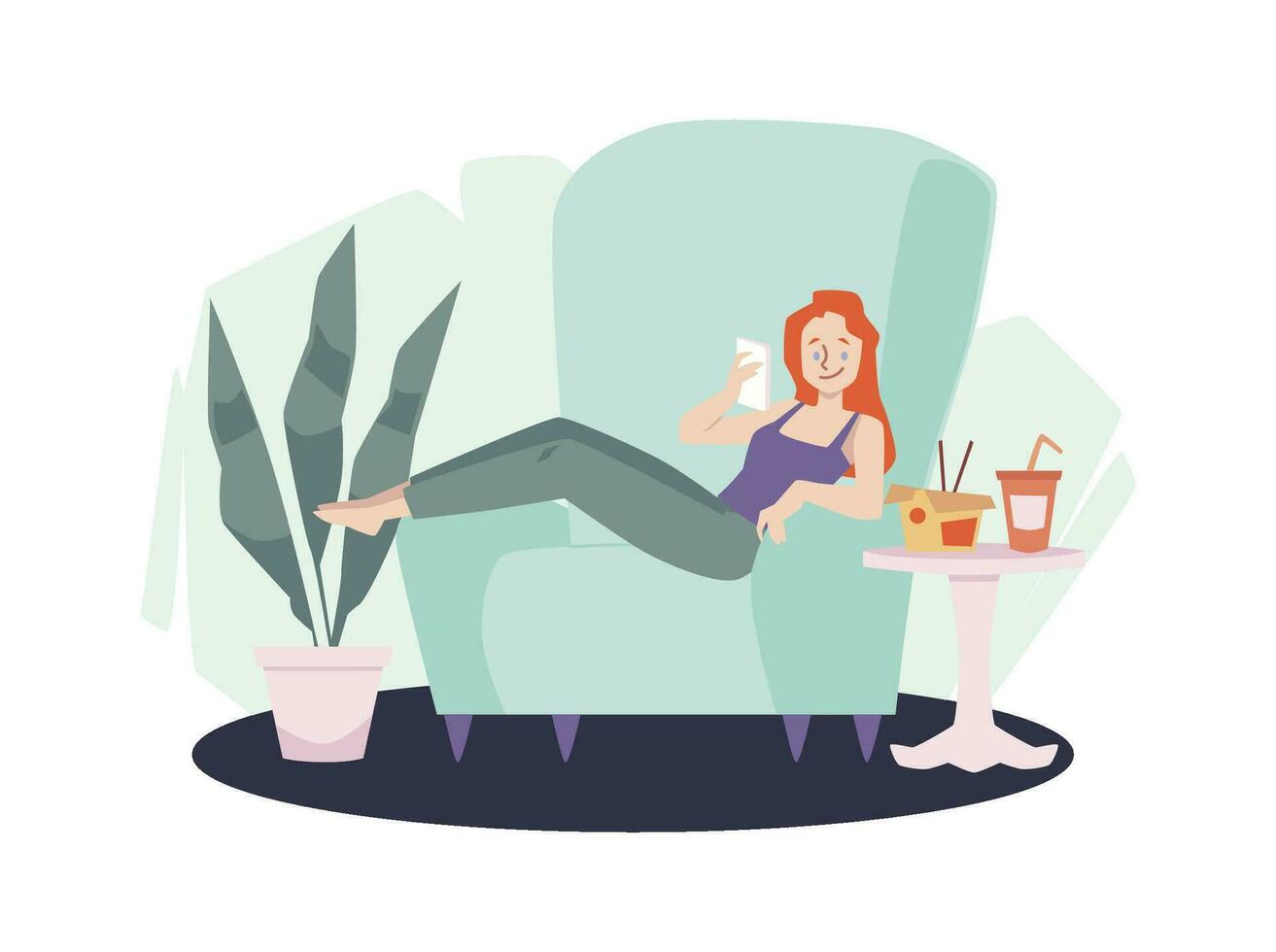 Redhead girl sit in an armchair using her phone for surfing online and eating chinese takeout food vector