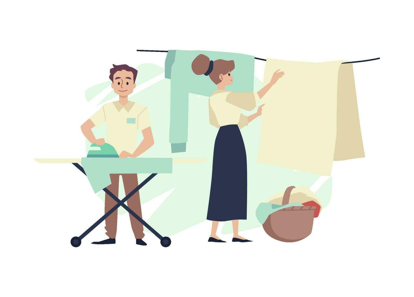 Laundry workers ironing and drying clothing, flat vector illustration isolated.