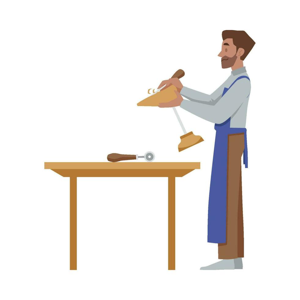 Man carving or polishing shoe last with chisel - flat vector illustration isolated on white background.