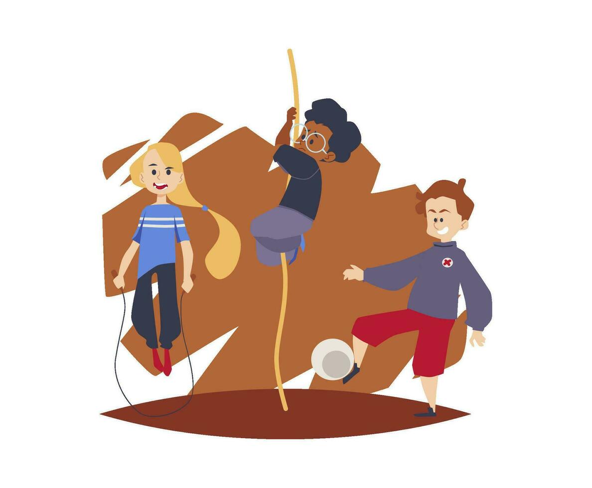 Children exercising at physical education lesson, vector illustration isolated.
