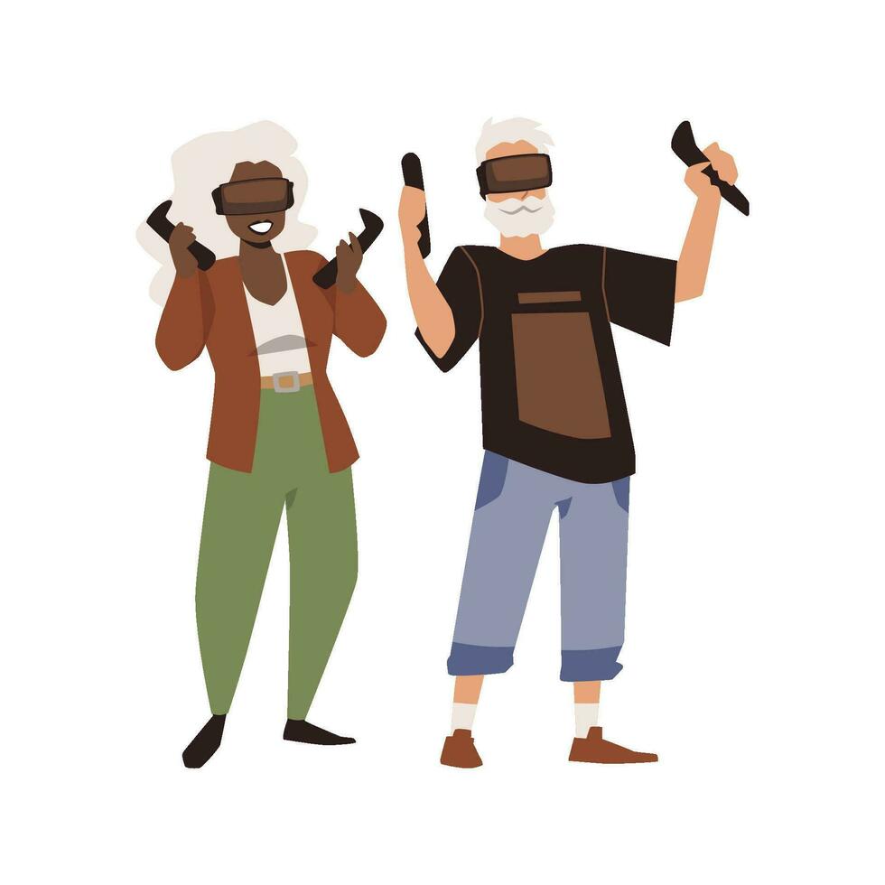 Seniors in 3D glasses playing computer games, flat vector illustration isolated.