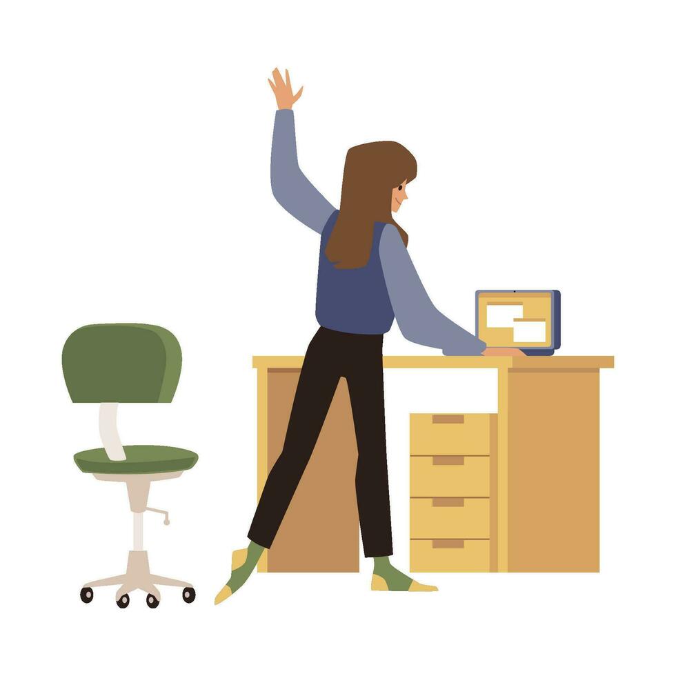 Woman works standing up and stretches her body in front of the laptop - flat vector illustration isolated on white background.