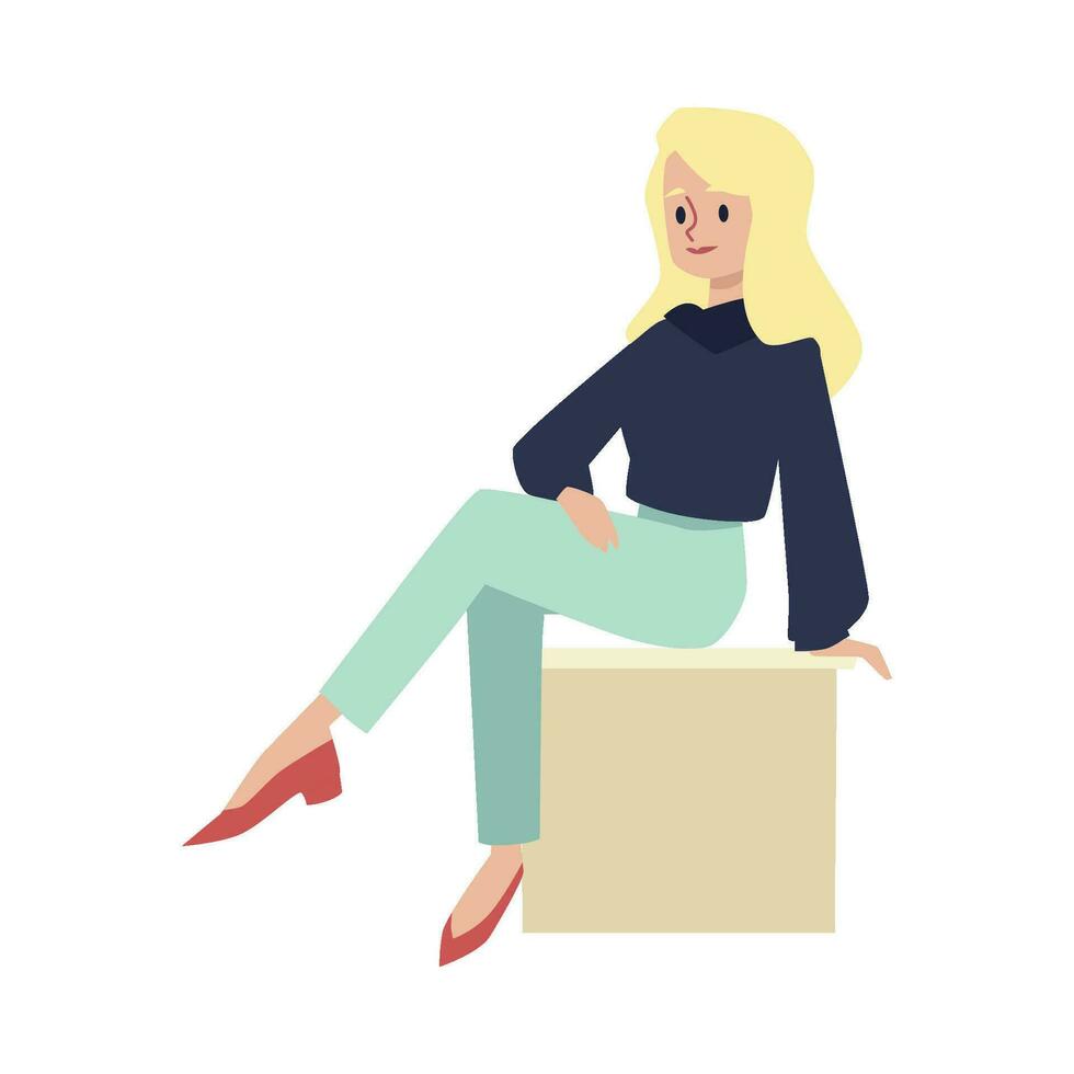 Smiling blonde nordic girl character wearing pants, sweater and red shoes, sitting on stool with her legs crossed. vector