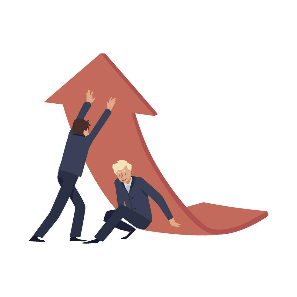Businessmen work together on rising company profit, flat vector illustration isolated on white background.