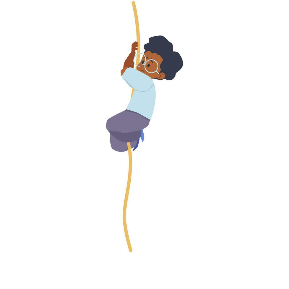 Climbing up the rope kid. Black kid with afro wearing glasses is scared on the climbing rope vector illustration.