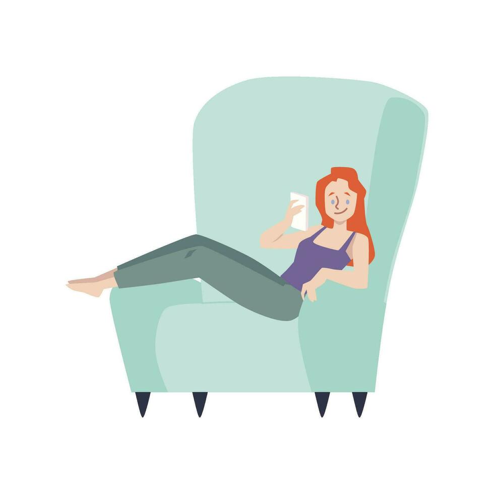 mujer descansando en silla y surf Internet, plano vector ilustración aislado.