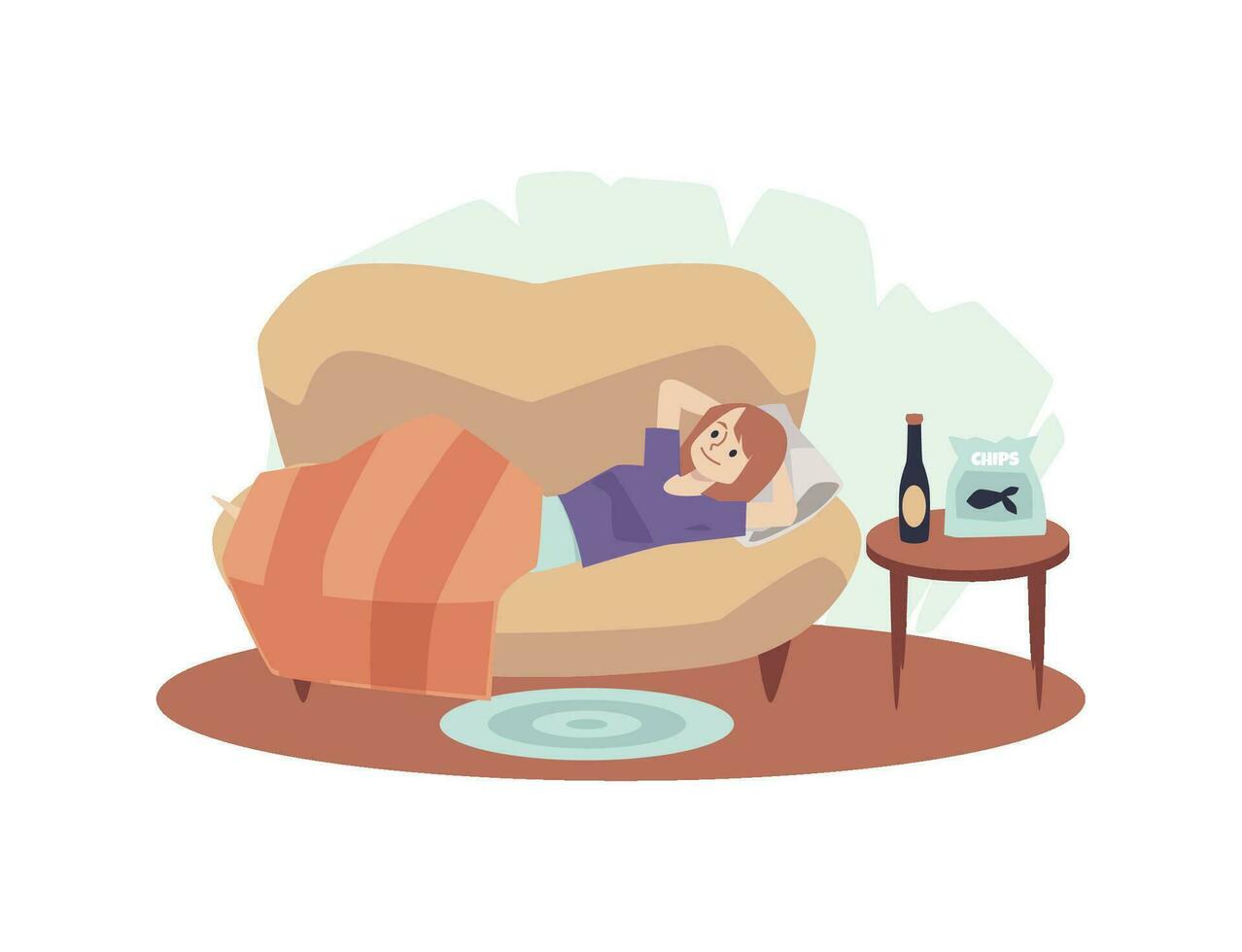 Woman relaxing on couch under blanket with wine and fish chips, flat vector illustration isolated on white background.