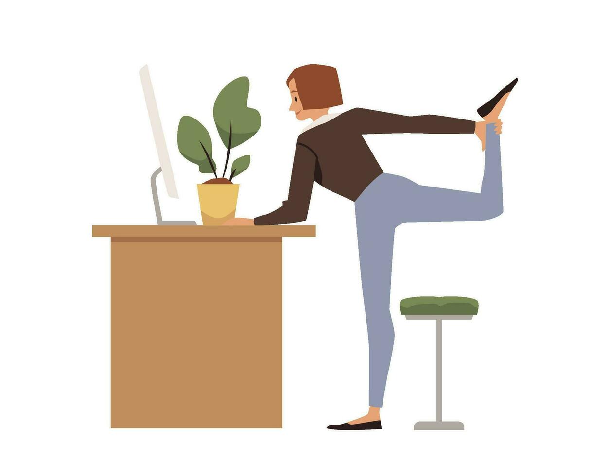 Woman stretches her leg in front of the computer - flat vector illustration isolated on white background.