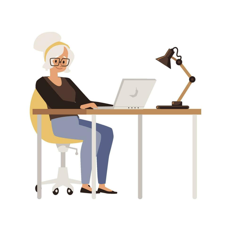 Elderly woman typing on laptop computer, flat vector illustration isolated.