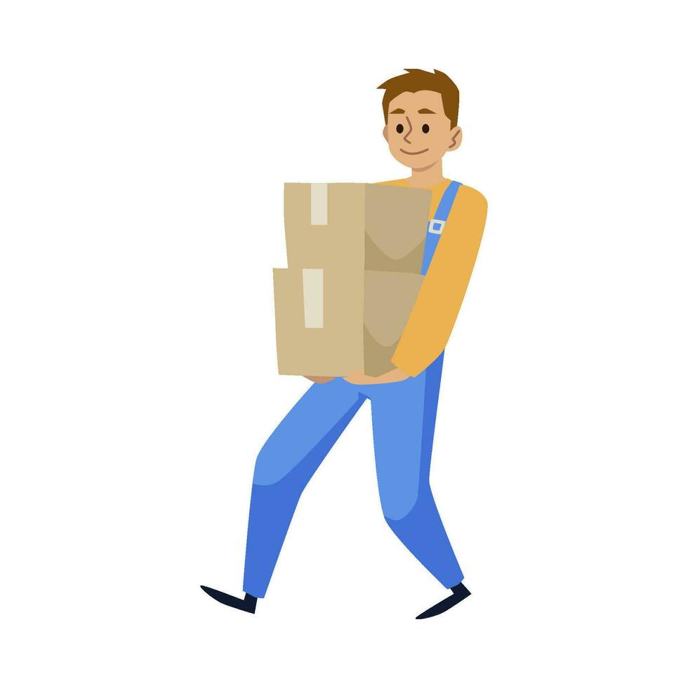 Smiling man courier in blue uniform carry delivery boxes. vector
