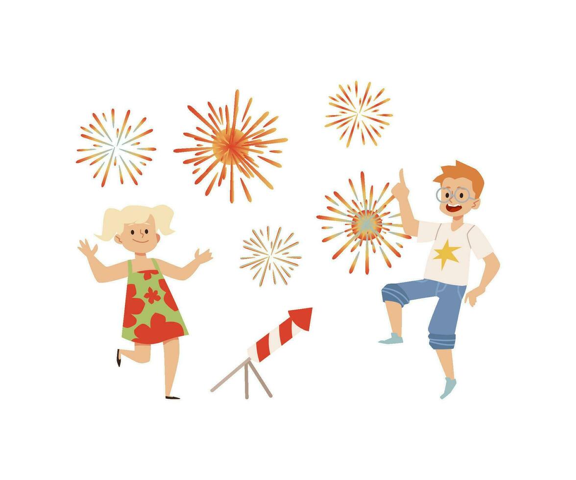 Cheerful children enjoy fireworks flat vector illustration isolated on dark.