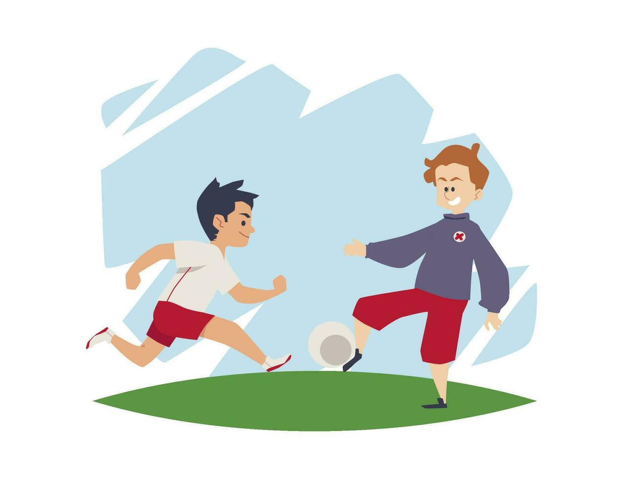 Group of boys playing football or soccer, flat vector illustration isolated.