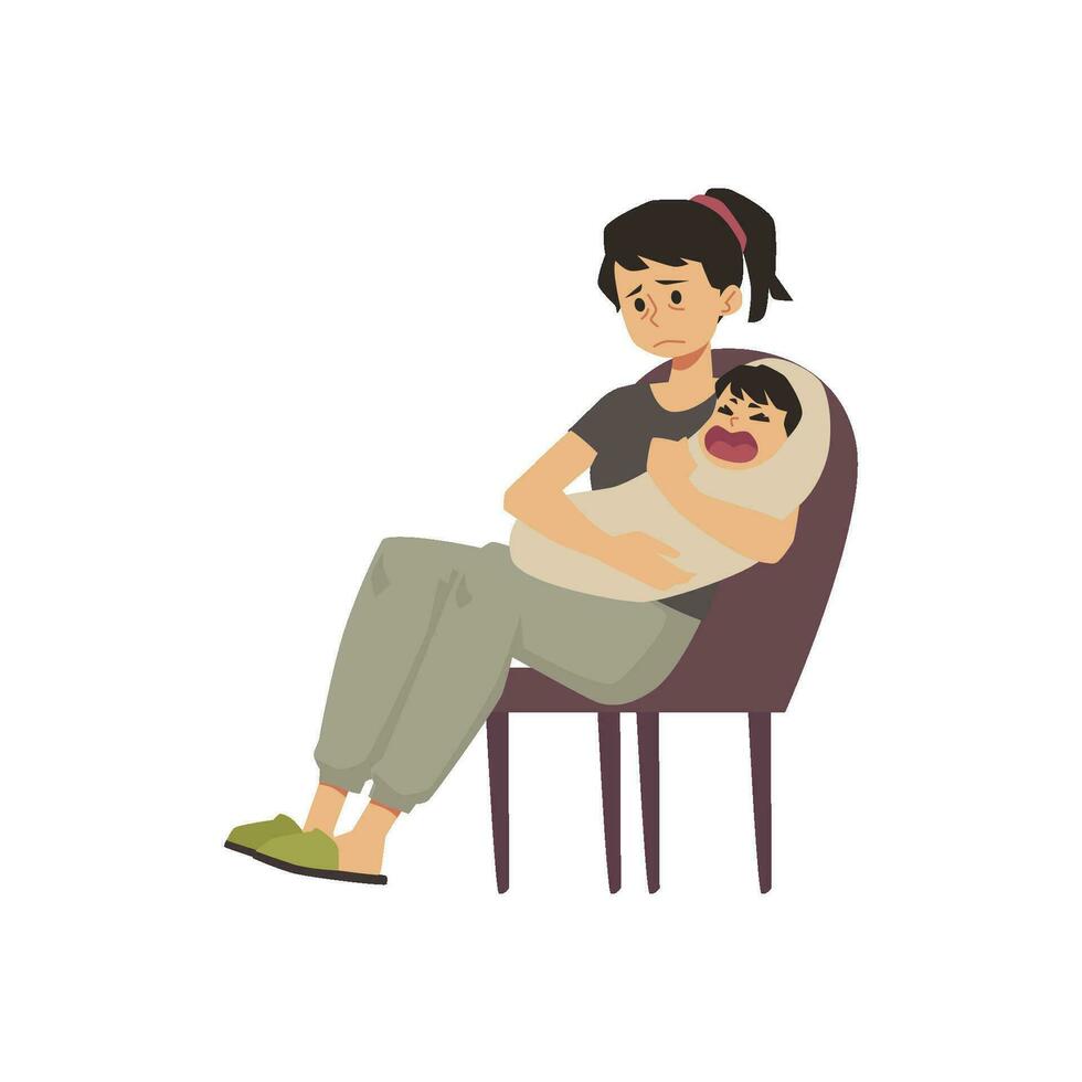 Tired frustrated mother in need of help, flat vector illustration isolated.