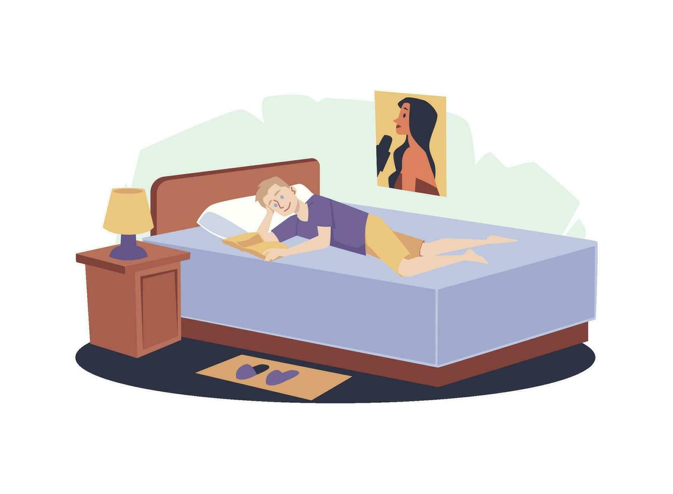 Young man reading a book lying in bed at cozy home cartoon vector illustration