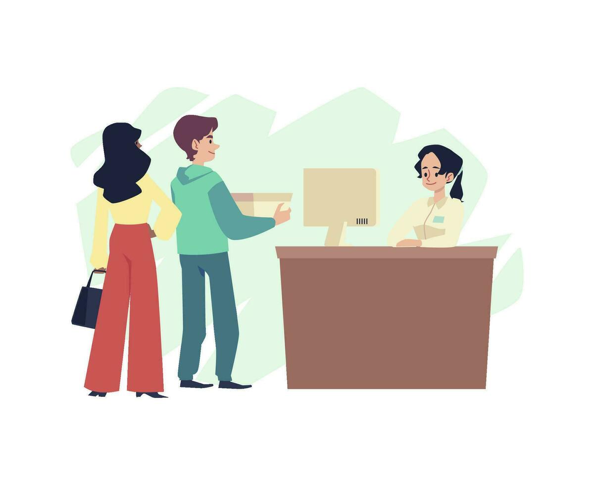 People in store pay for purchase to cashier, flat vector illustration isolated.