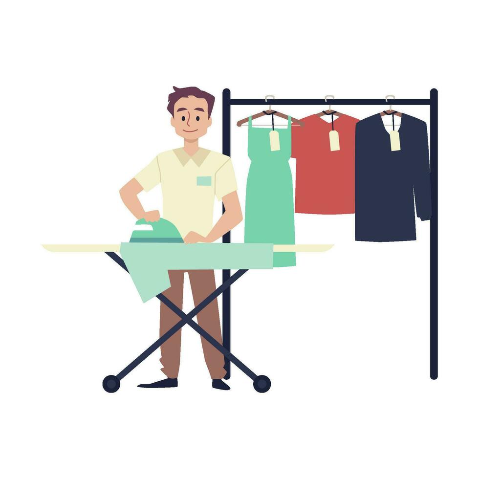 lavandería Servicio masculino trabajador planchado clientela ropa - plano vector ilustración aislado en blanco antecedentes.