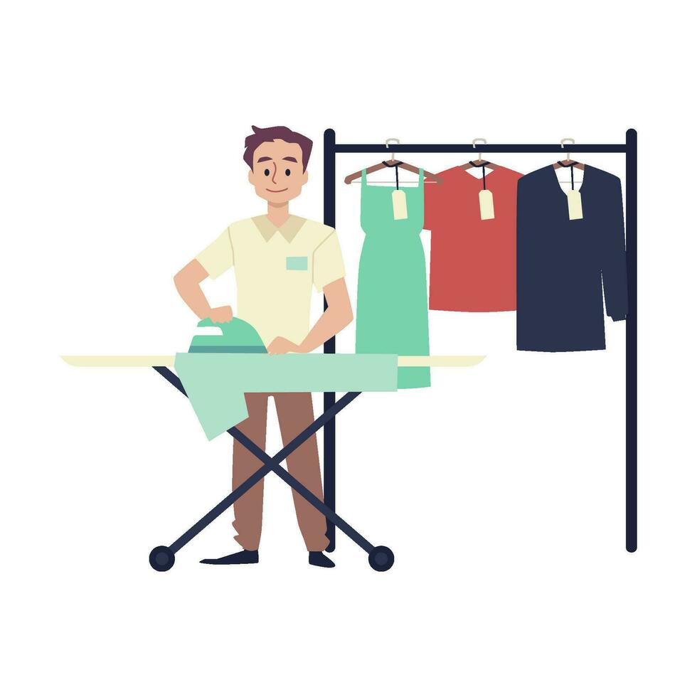 Laundry service male worker ironing clients clothes - flat vector illustration isolated on white background.