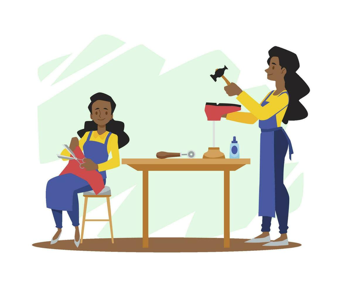 Woman making or repairing shoes with hammer, scissors and glue - cartoon vector character illustration isolated on white background.