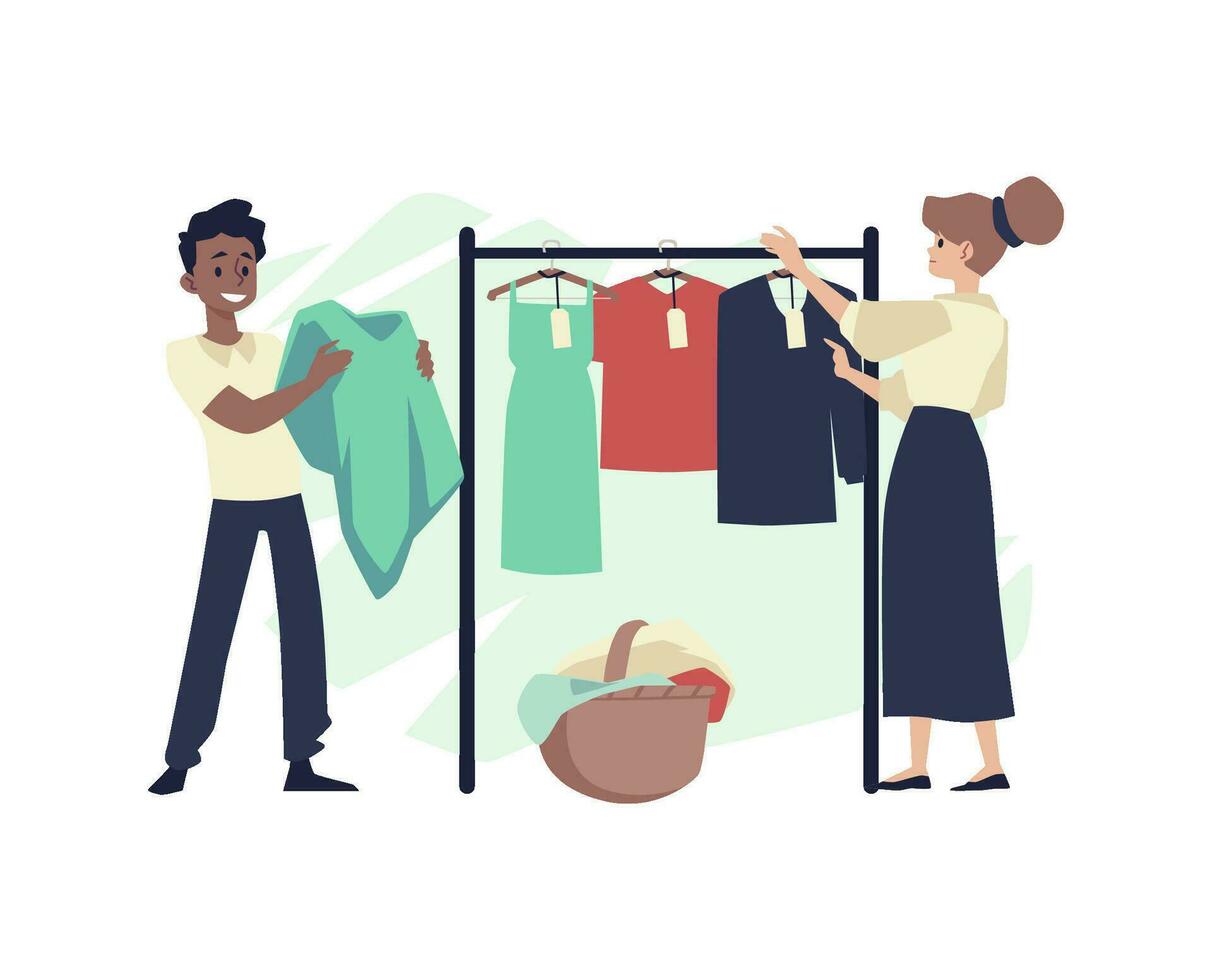 People in laundry hangs clothing after washing flat vector illustration isolated.