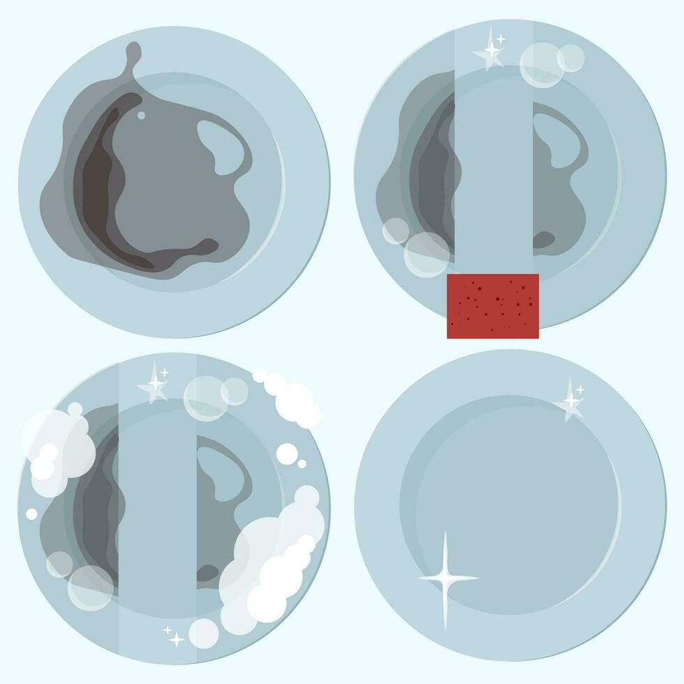 Set of dirty and clean blue round plates vector