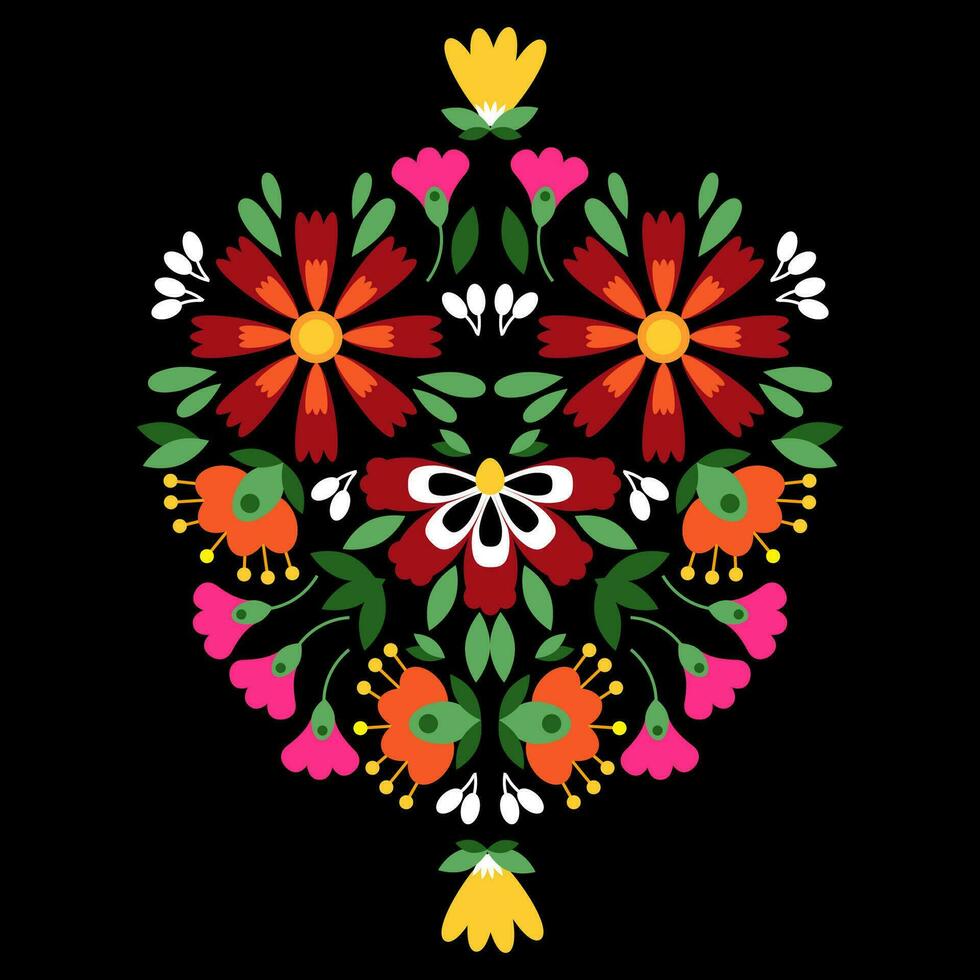 Composition of flowers and green leaves Mexican embroidery vector