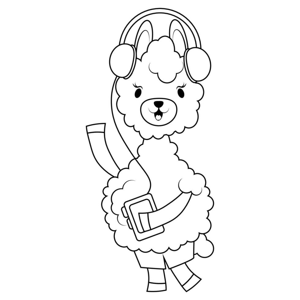 alpaca con jugador y auriculares colorante página vector