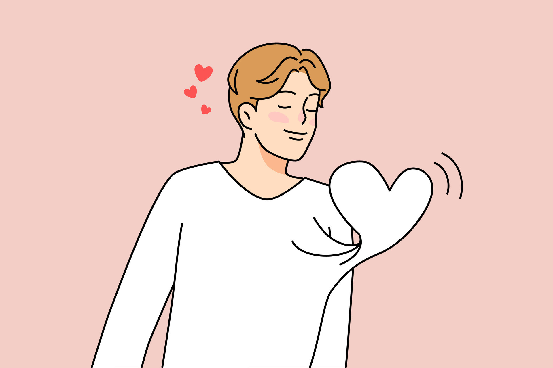 Happy young man with heart beating in his chest feel in love. Smiling