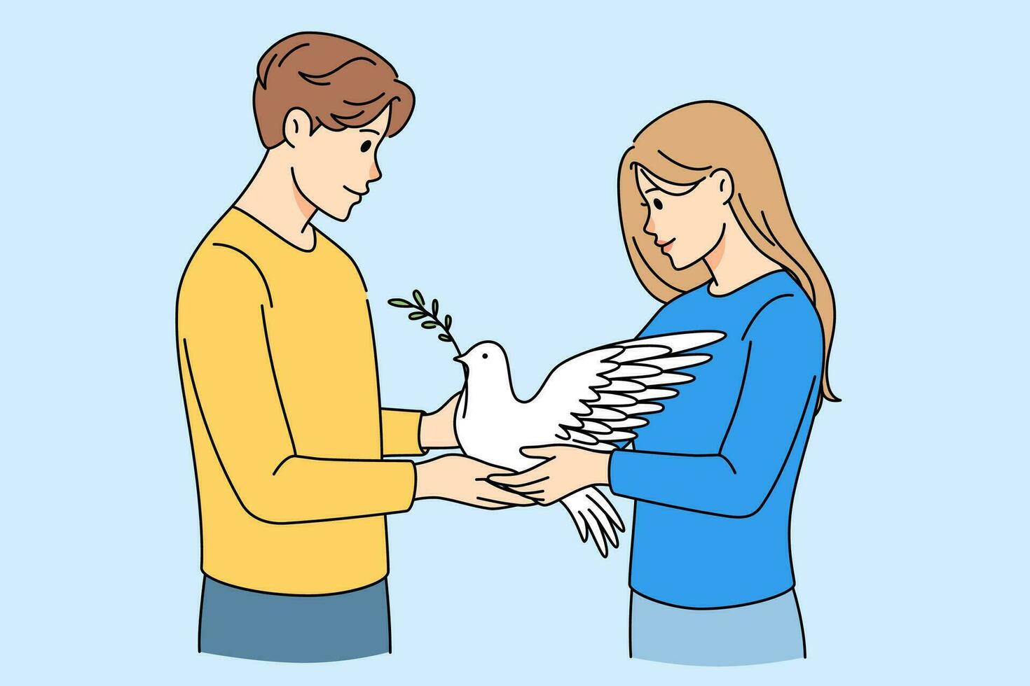 Man and woman dressed in Ukrainian national colors holding dove as symbol of peace in hands. Couple stand support Ukraine, say no to war and aggression. Flat vector illustration.