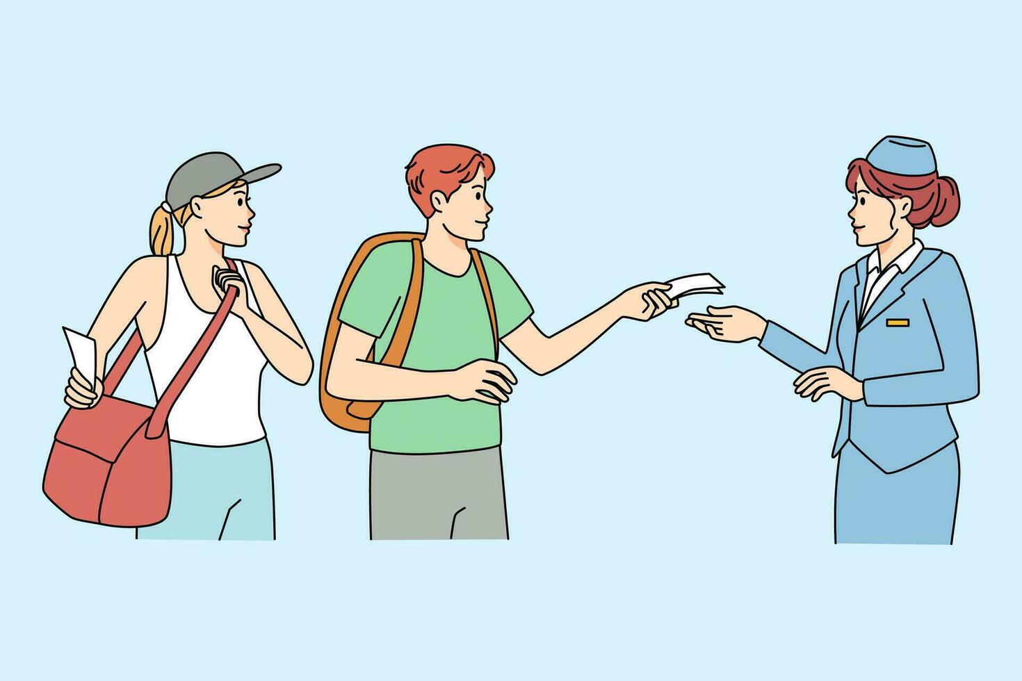 Flight crew check travelers plane tickets before boarding in airport. Stewardess take boarding pass of people tourists before flight. Traveling concept. Flat vector illustration.