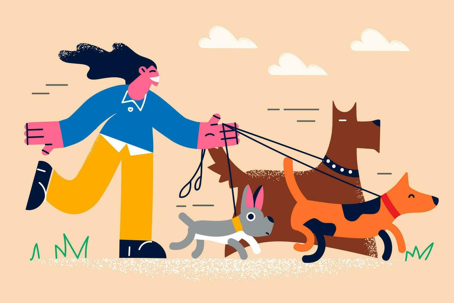 Smiling girl walker running with dogs on lead. Happy young woman walking pets puppies outdoors. Domestic animal care concept. Flat vector illustration, cartoon character.