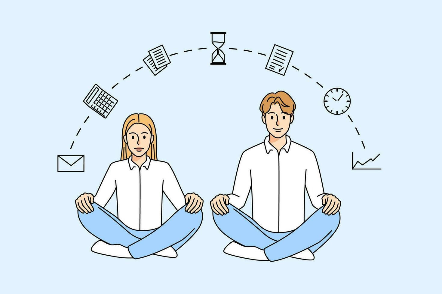 Businesspeople sit in lotus position meditating at workplace. Employees relax manage job duties and responsibilities. Time organization concept. Vector illustration.