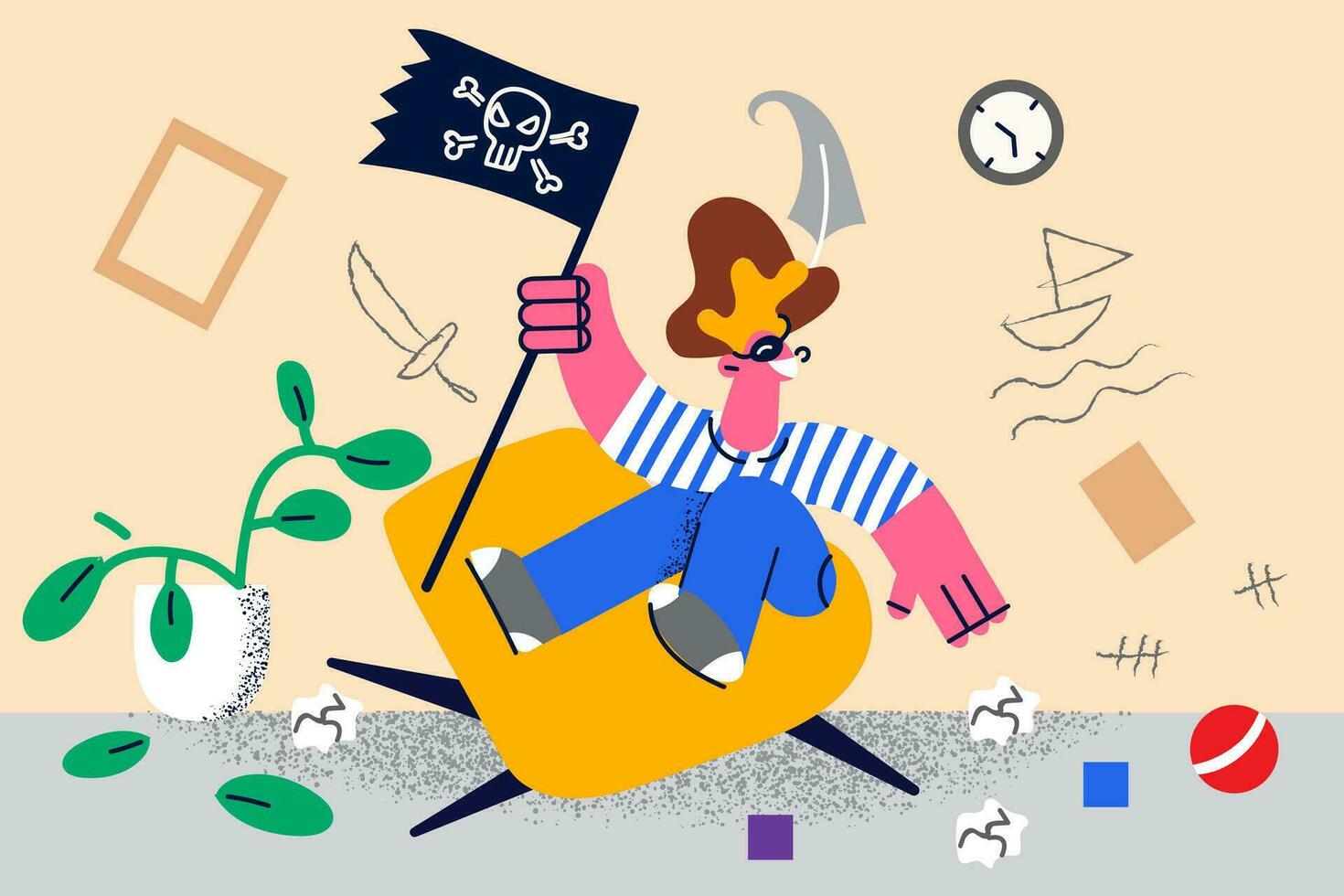 Happy small boy child in pirate costume have fun play alone in dirty room. Smiling naughty playful kid enjoy active game at home. Childhood and parenting concept. Vector illustration.