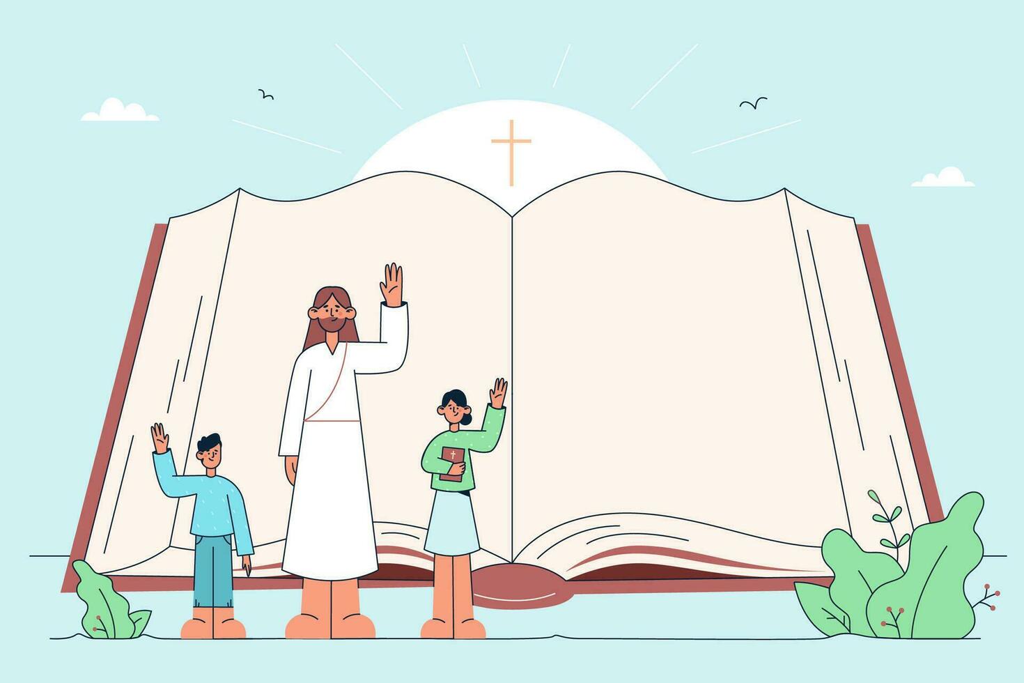 Holy Bible, Christianity, religion concept. Open religious book with Jesus and children characters waving their hands showing importance of religion for everyone vector illustration