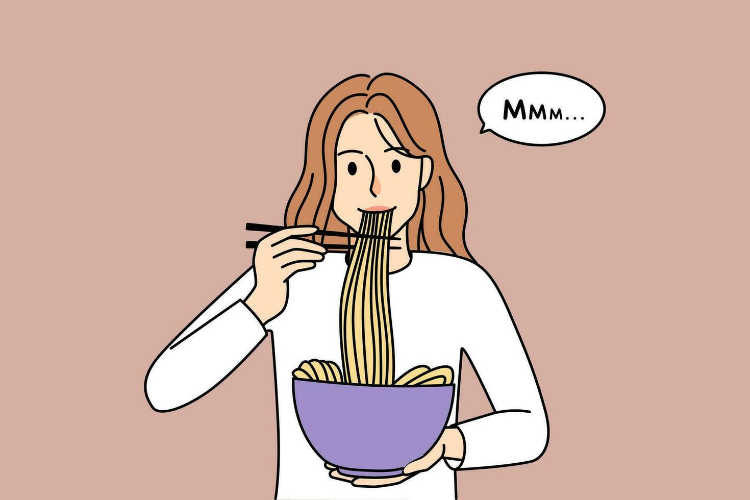 Smiling young woman hold bowl eat ramen with chopsticks. Happy girl sue stocks enjoy Japanese noodles in restaurant. Japan culture and cuisine. Vector illustration.