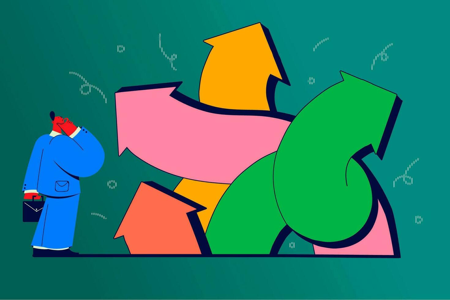 Choice, pathway selection dilemma concept. Businessman cartoon character standing at crossroads and trying to diced which way to go and what business strategy to choose vector illustration