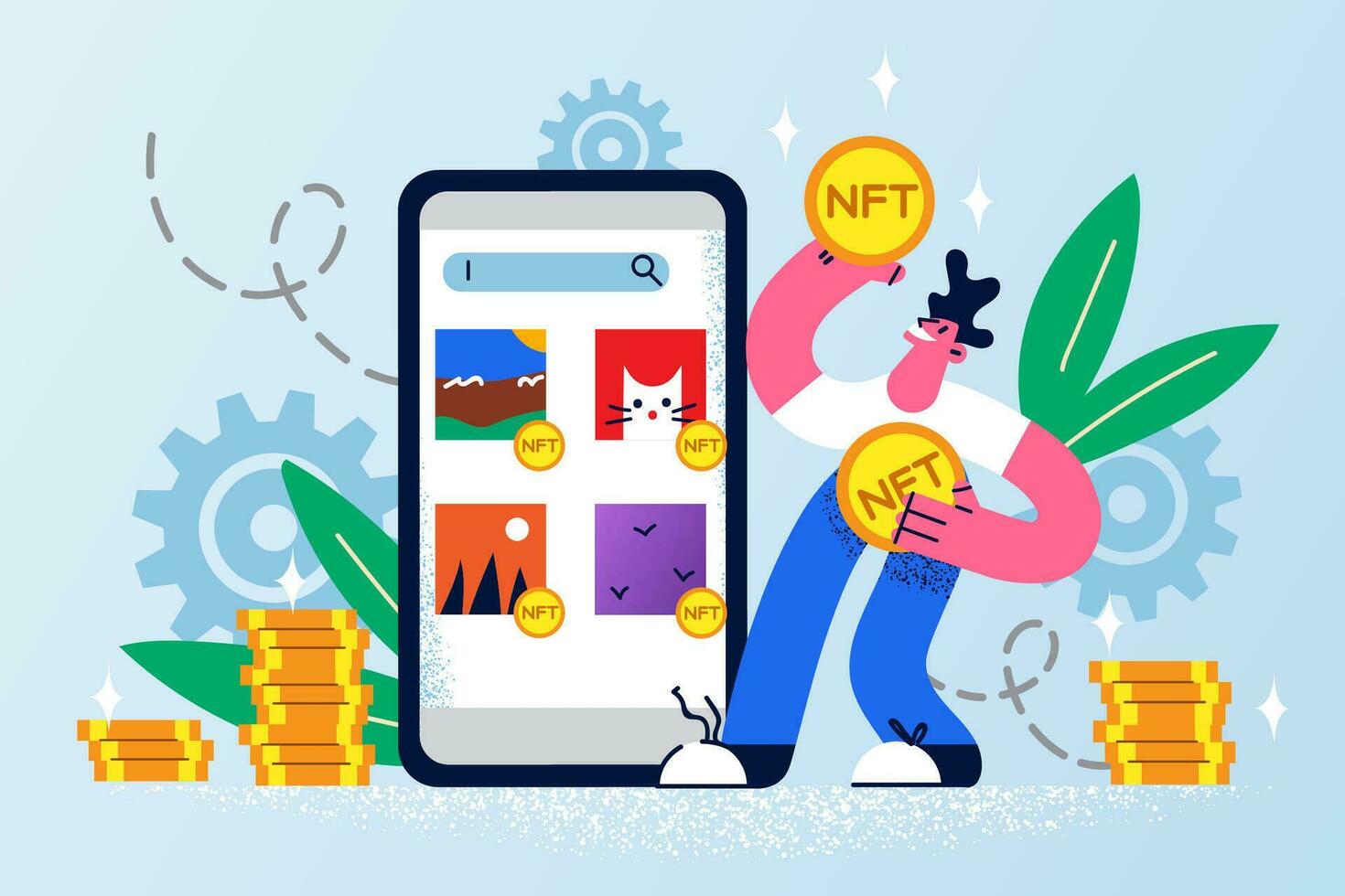 Smiling man buy online on web app store on cellphone with nft coins. Male client use tokens purchase from smartphone application. Cryptocurrency and block chain concept. Vector illustration.