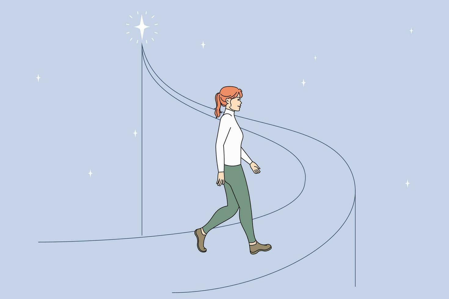 Happy young woman going up on elevated bridge reaching goal. Smiling girl walk upward motivated for success or good result. Aim or target accomplishment. Vector illustration.