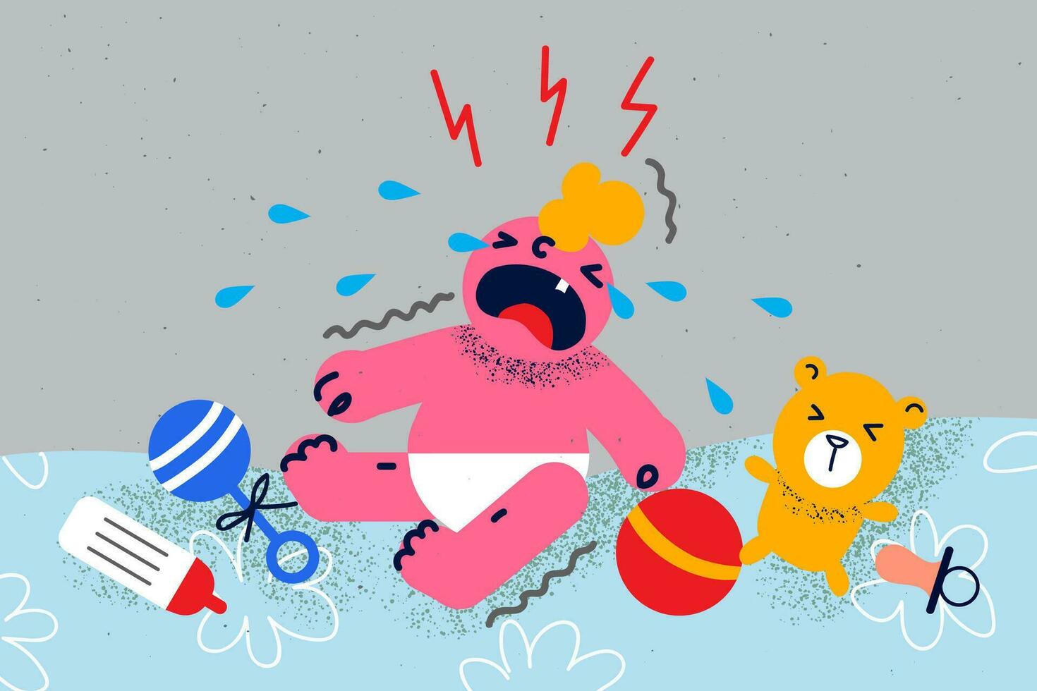 Unhappy baby infant in diaper crying screaming want parent attention. Upset little newborn kid yell and shout with mouth wide open. Childhood and parenting concept. Vector illustration.