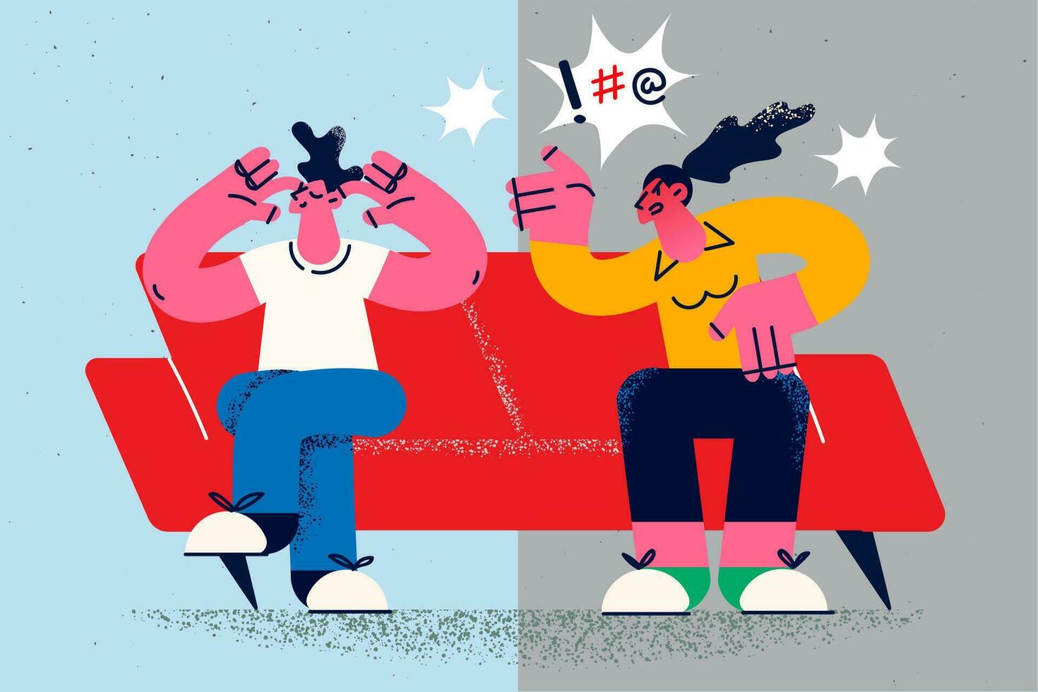 Husband close ears ignore furious wife quarrelling and shouting. Man avoid fight or argument with mad angry woman. Couple relationships problems and divorce or breakup. Vector illustration.