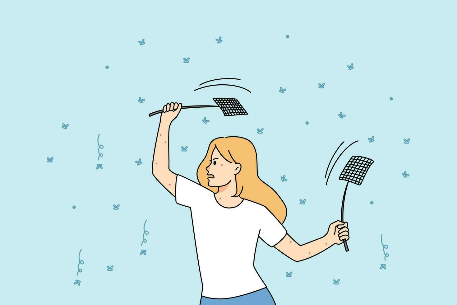 Unhappy young woman with fly swatters in hands kill mosquitos or flies. Stressed angry female with flappers or poppers killing insects or flies. Debugging software and spam. Vector illustration.