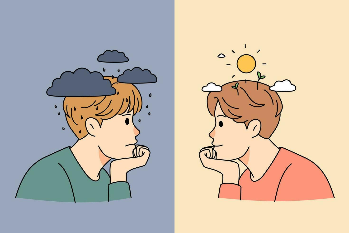 infeliz Deprimido y sonriente contento hombre. concepto de depresión y mental problemas versus optimismo y positividad malo y bueno emociones plano vector ilustración.