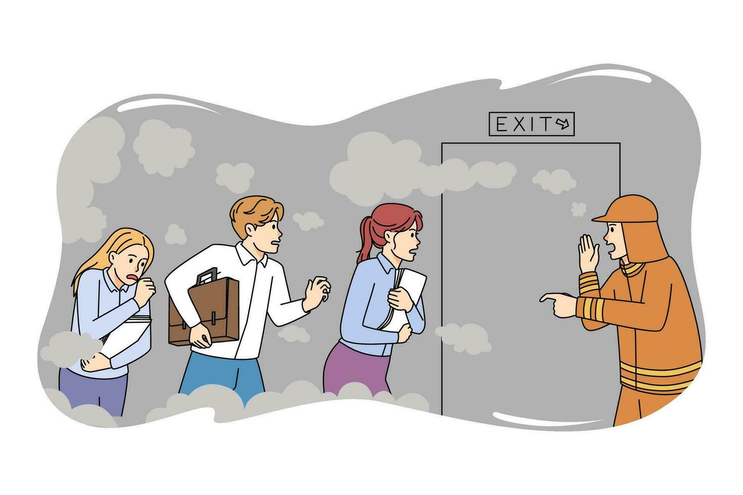 Fireman help employees escape from office during fire emergency situation. Evacuation alarm and hazard alert at workplace. Flat vector illustration.