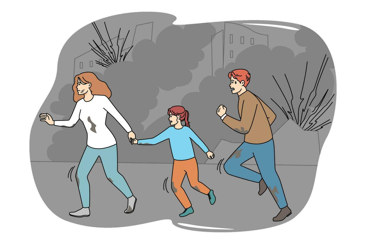 Young family with child fleeing from bombings during Ukraine Russia war. Parents with kid run escape from explosions and bombs during Russian invasion. Stop war concept. Vector illustration.