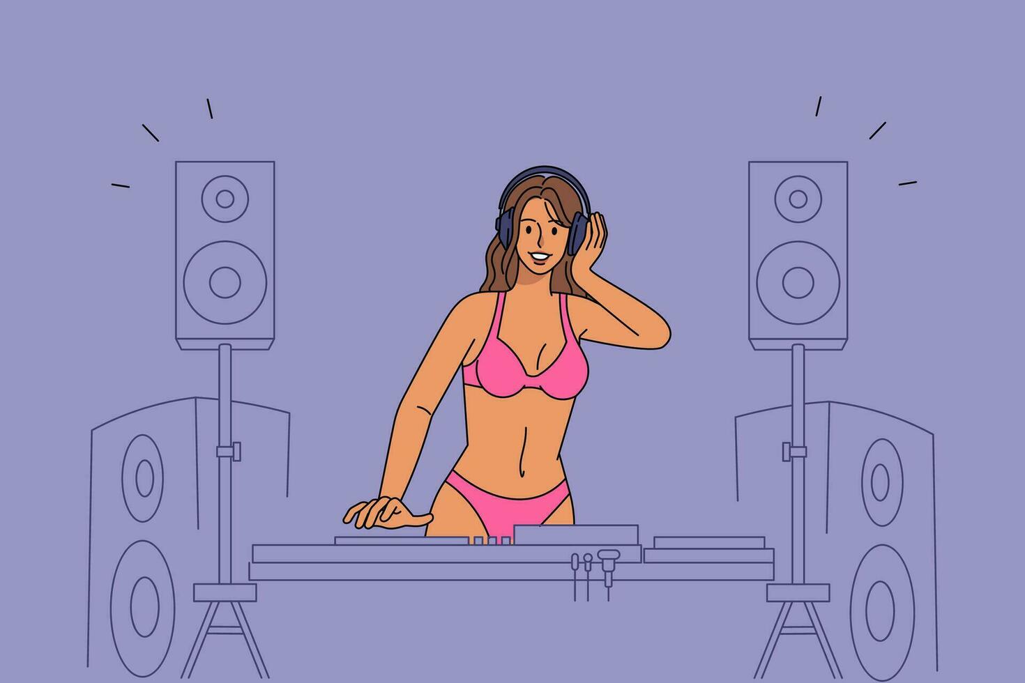 Sexy young female DJ in bikini play music on stereo turntables at beach summer party. Smiling woman have fun head disco in nightclub. Entertainment and club. Vector illustration.