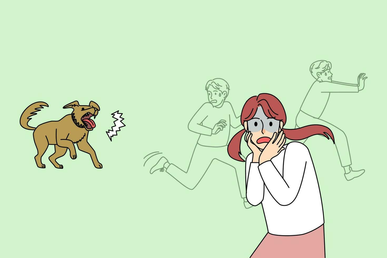 Scared children feel terrified run from barking dog on street. Frightened kids escape from angry pet in booth. Domestic animal and guard in house. Flat vector illustration.