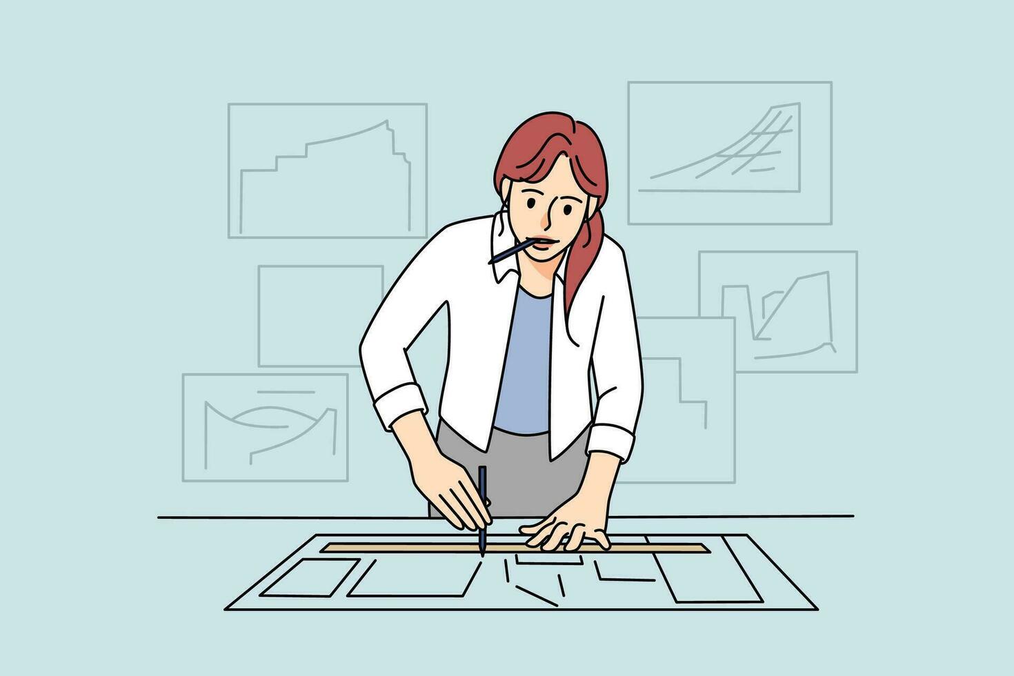 Motivated girl drawing on paper homeschooling or preparing for exam. Young woman architect draw develop project for client or customer. Architecture and education. Vector illustration.