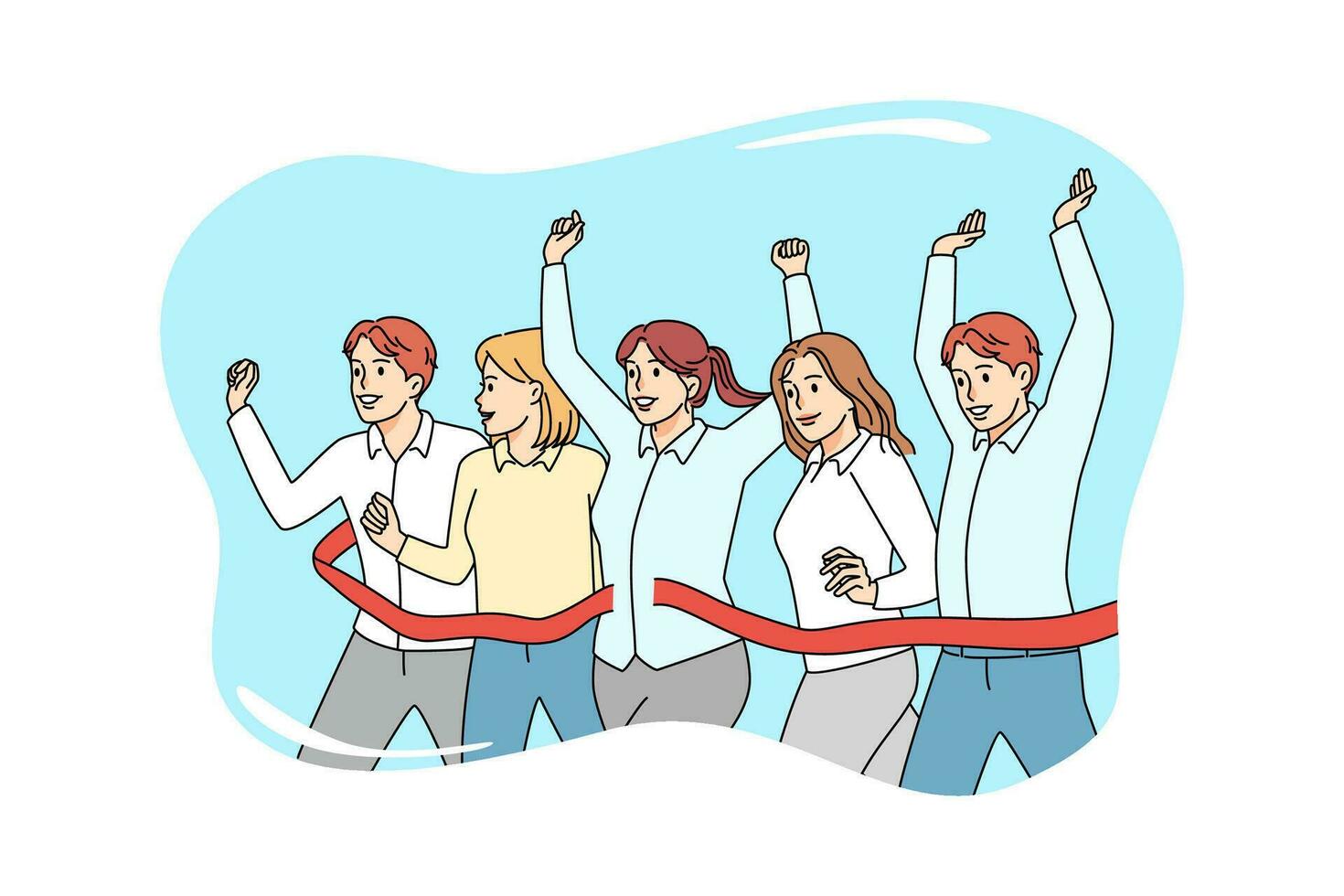 Overjoyed diverse businesspeople cross finish line and tear the ribbon. Excited employees or workers participate in group competition. Rivalry at workplace. Vector illustration.