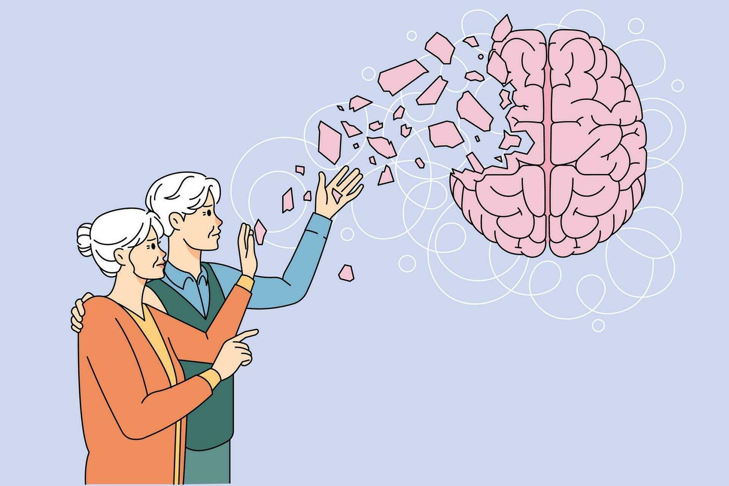 antiguo hombre y mujer decir adiós a muerto cerebro células sufrir desde demencia. mayor abuelos tener Alzheimer enfermedad dificil con memoria pérdida. más viejo cuidado de la salud. vector ilustración.